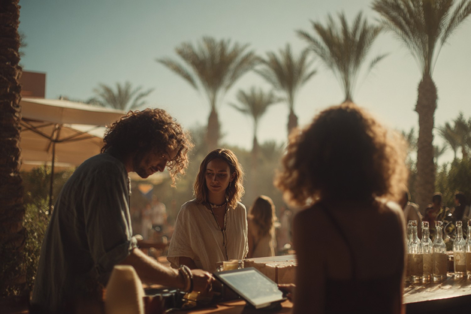 Staff serving guests at an outdoor bar during an event at a Marrakech property